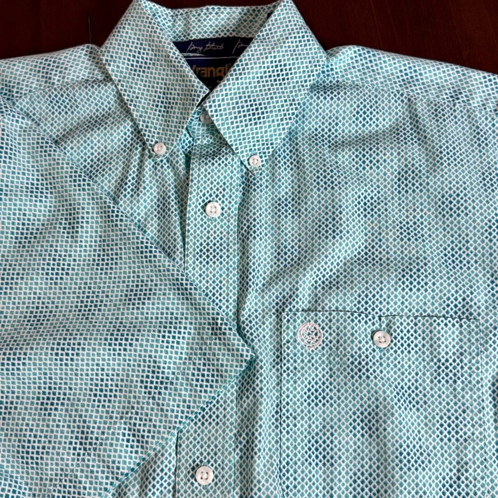 Wrangler George Strait Mens Button Down Shirt M Blue Teal Geometric Short Sleeve
